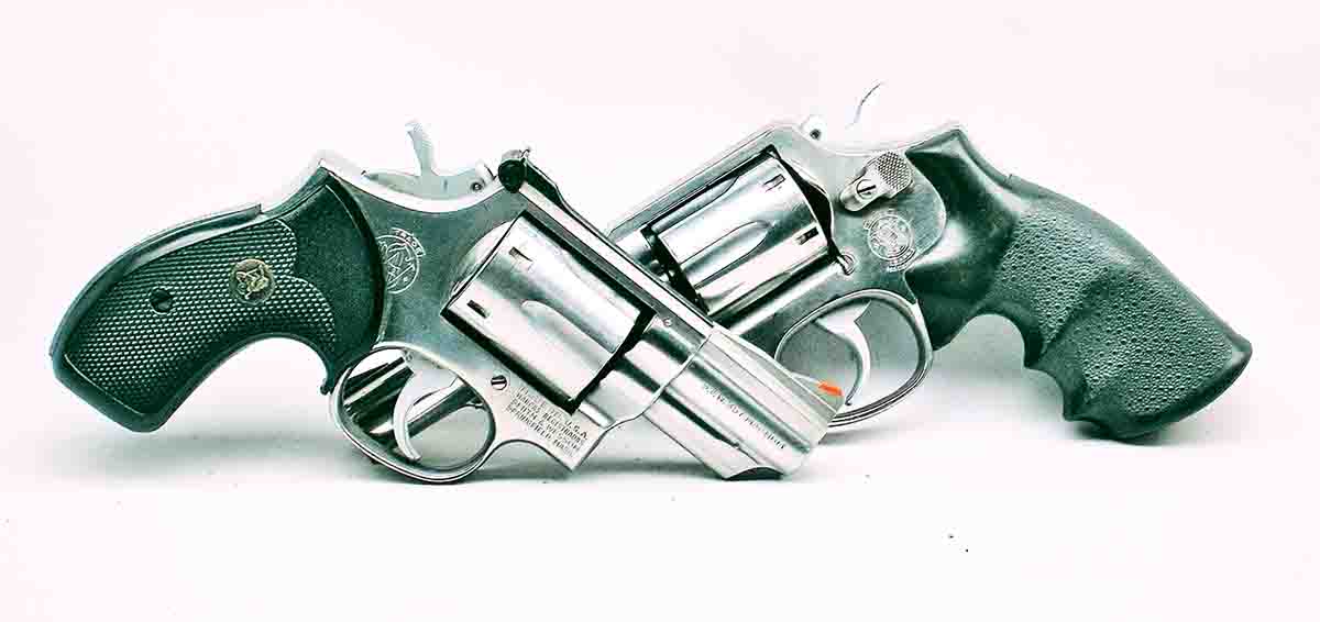 Stainless Smith & Wesson Model 66s with a 2.5-inch barrel (left) and 65-3 with a 4-inch barrel have become popular with sportsmen and law enforcement agencies.